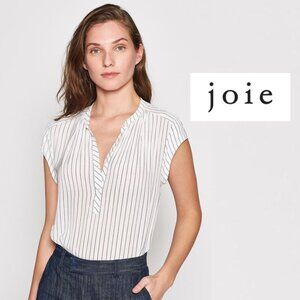 Joie Small Striped Cap Sleeve Top Blouse White Black Shirt Button Down V Neck